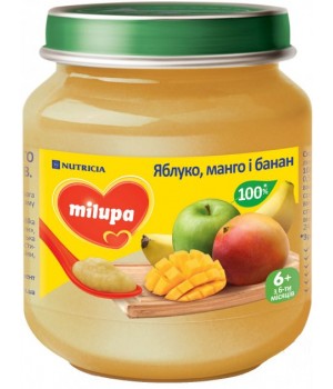 Дитяче пюре Milupa фруктове Яблуко, манго і банан для дітей з 6 місяі ців 125 г (5900852051401)