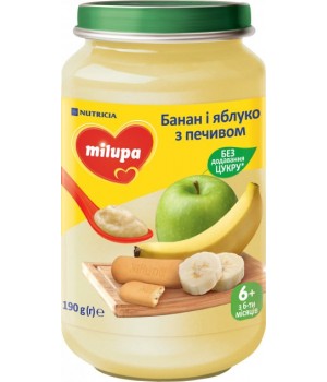 Детское пюре Milupa фруктового Банан, яблоко с печеньем с 6 месяцев 190 г (5900852051456)