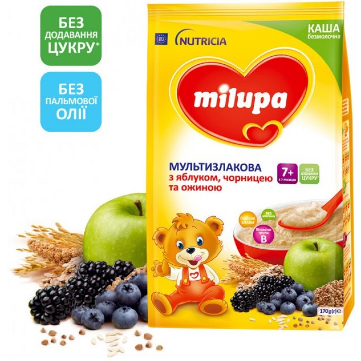 Безмолочная каша Milupa Мультизлаковая с яблоком, черникой и ежевикой для детей от 7 месяцев 170 г (5900852044243)