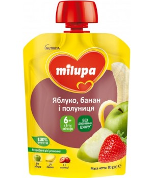 Фруктове пюре Milupa яблуко, банан та полуниця, з 6 міс. 80 г (6438091403587)