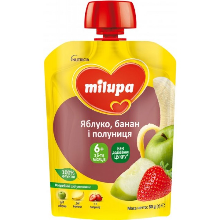 Фруктовое пюре Milupa яблоко, банан и клубника, с 6 мес. 80 г (6438091403587)