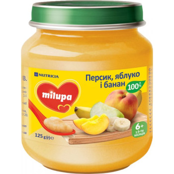Детское пюре Milupa фруктовое Персик, банан, яблоко для детей с 6 месяцев, 125 г (5900852051425)