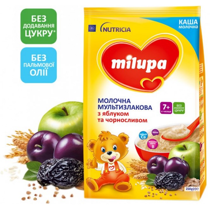 Каша Milupa молочная мультизлаковая с яблоком и черносливом для детей от 7 месяцев 210 г (5900852044229)