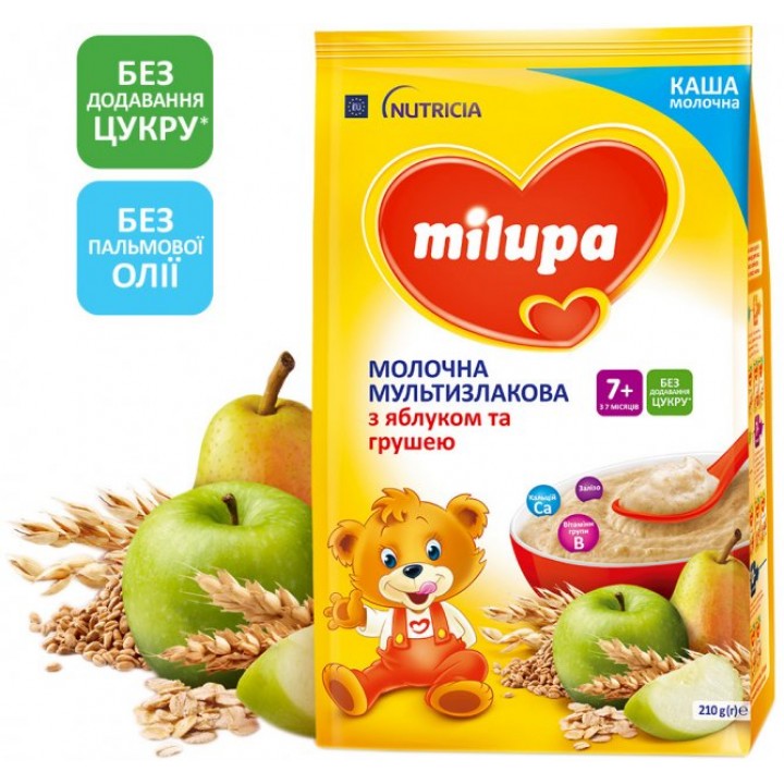 Каша Milupa молочна мультизлакова з яблуком і грушею 210 г для дітей від 7 місяців 210 г (5900852042799)