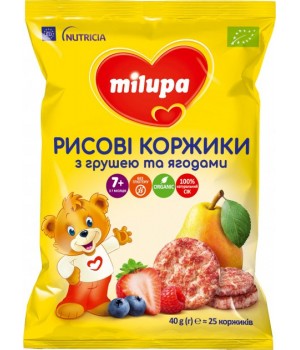 Рисовые коржики Milupa с грушей и ягодами для питания детей от 7-ми месяцев 40 г (8720097005291)