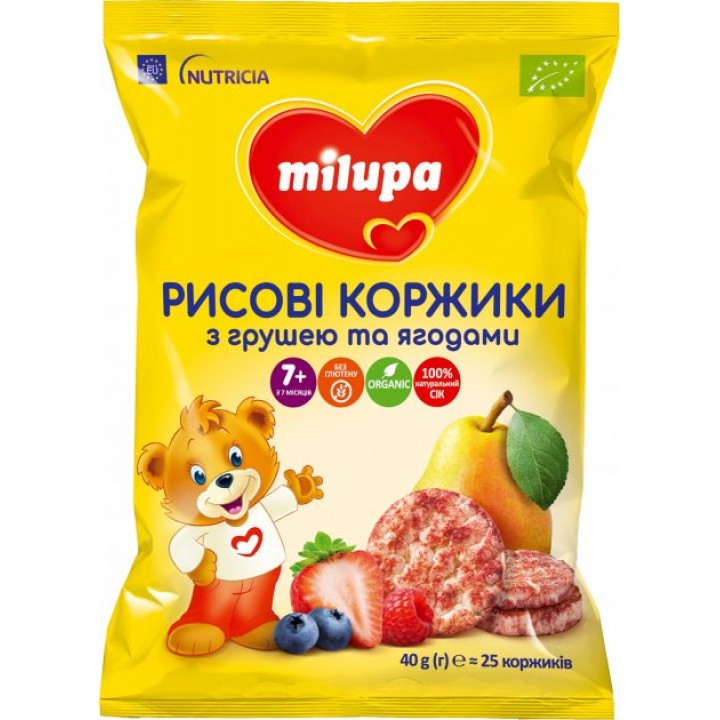 Рисовые коржики Milupa с грушей и ягодами для питания детей от 7-ми месяцев 40 г (8720097005291)