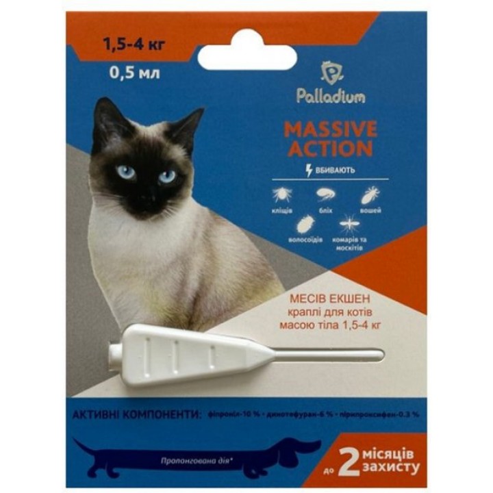 Капли на холке против блох и клещей Palladium Massive Action для кошек весом 1.5-4 кг, 0.5 мл (4820150205935)