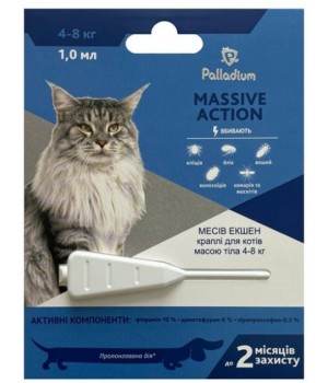Капли на холку от блох и клещей Palladium Massive Action для кошек весом 4-8 кг,1 мл (4820150205942)
