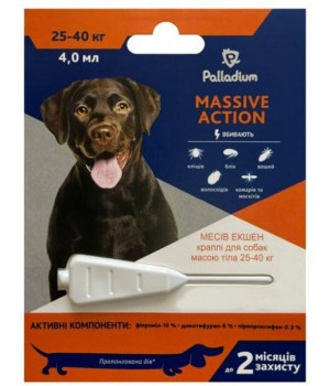 Капли на холку против блох и клещей Palladium Massive Action для собак весом 25-40 кг, 4 мл (4820150205980)