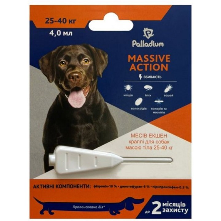 Капли на холку против блох и клещей Palladium Massive Action для собак весом 25-40 кг, 4 мл (4820150205980)