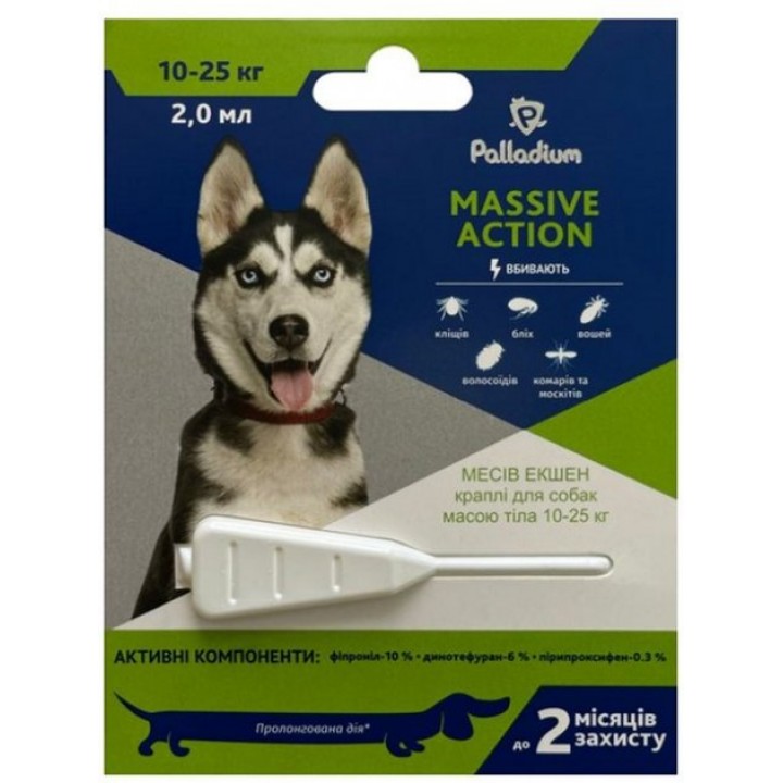 Капли на холку от блох и клещей Palladium Massive Action для собак весом 10-25 кг, 2 мл (4820150205973)