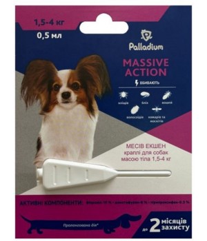 Краплі на холку проти бліх і кліщів Palladium Massive Action для собак вагою 1.5-4 кг, 0.5 мл (4820150205959)