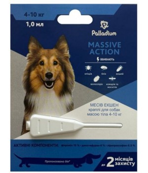 Капли на холку от блох и клещей Palladium Massive Action для собак весом 4-10 кг, 1 мл (4820150205966)