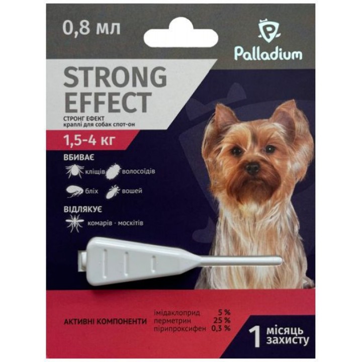 Краплі на холку проти бліх та кліщів і комарів Palladium Strong Effect для собак вагою 1.5-4 кг, 0.8 мл (4820150206000)