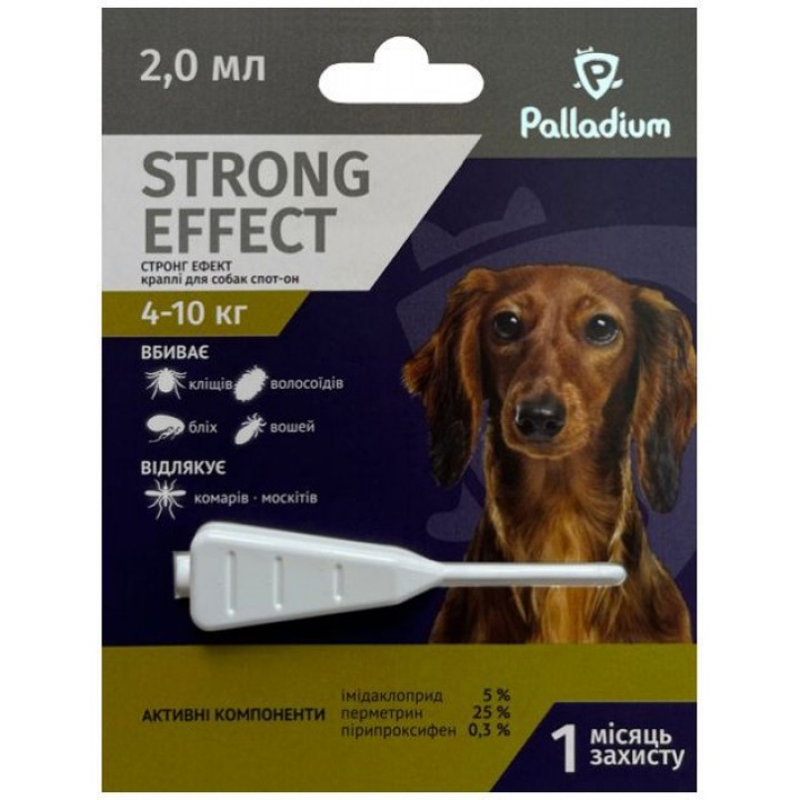 Краплі на холку від бліх, кліщів та комарів Palladium Strong Effect для собак вагою 4-10 кг, 2 мл (4820150206017)