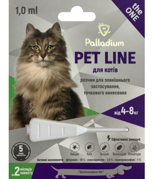 Краплі на холку від бліх, кліщів та гельмінтів Palladium Pet Line the One для котів вагою від 4 до 8 кг, 1 мл (4820150205225)