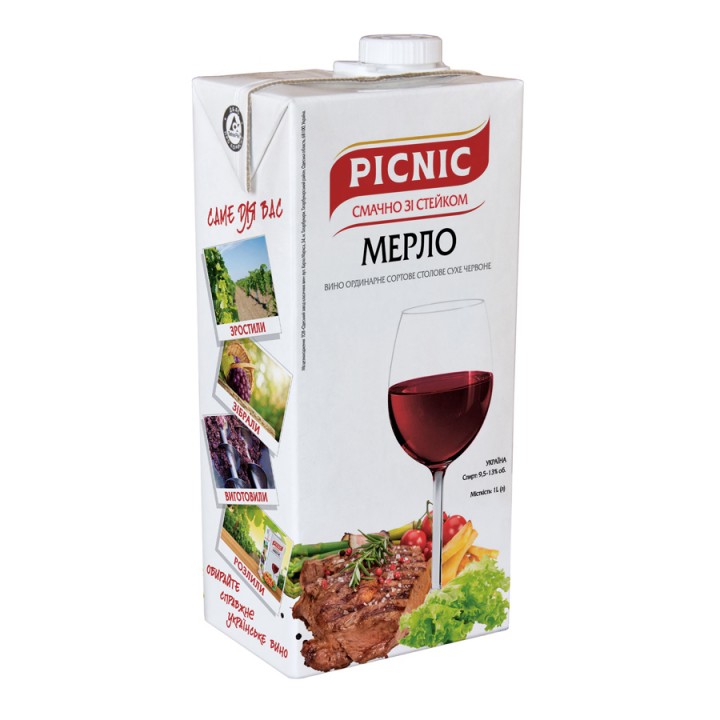 Вино Picnic "Мерло" ординарное столовое сухое красное 1л 9,5-13% (4820179622904)