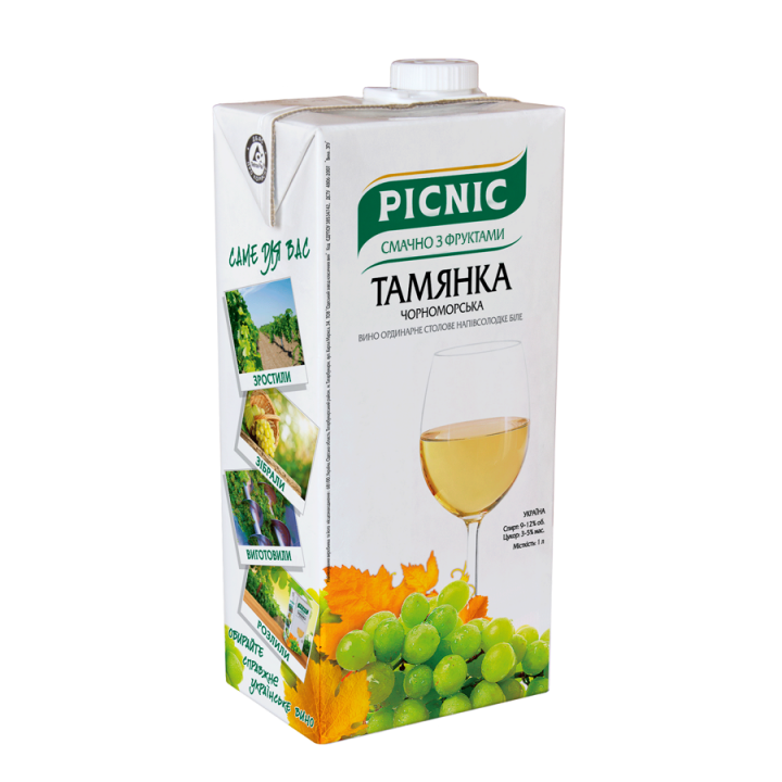 Вино Picnic "Тамянка черноморская" ординарное полусладкое белое 1л 9,5-12% (4820179620993)
