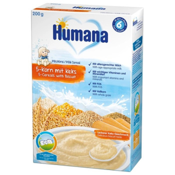 Молочная каша Humana 5 злаков с печеньем 200 г (4031244775559)