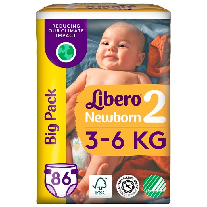 Підгузки Libero Newborn 3-6 кг Розмір 2, 86 шт (7322541756677)
