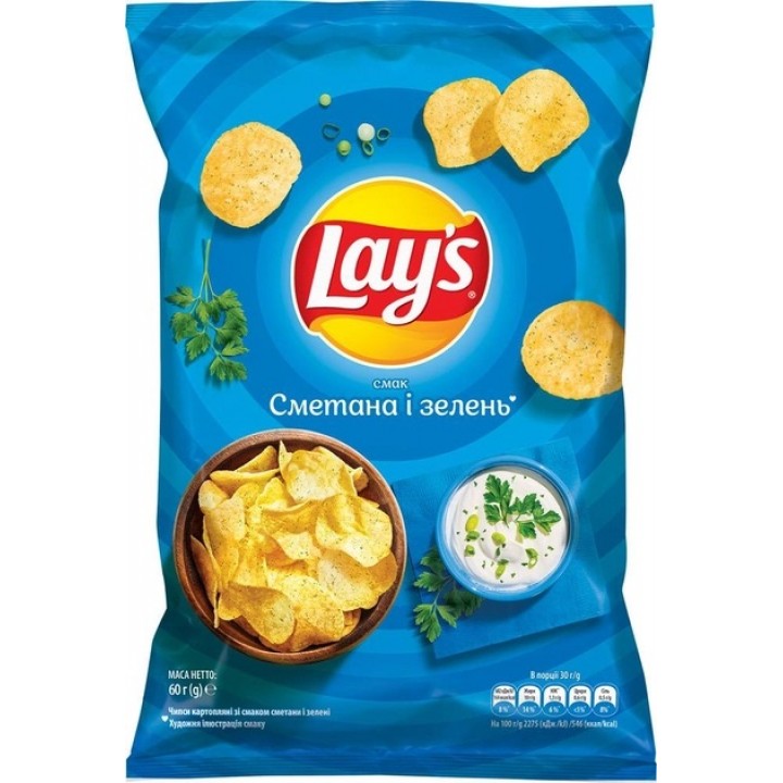 Чипсы картофельные Lay's со вкусом сметаны и зелени 60 г (4823063125239)