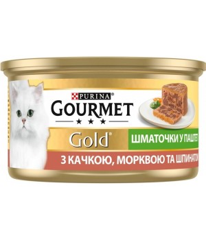 Консервований корм Gourmet Gold для котів з качкою, морквою та шпинатом, кусочки у паштеті 85 г (7613033728778)