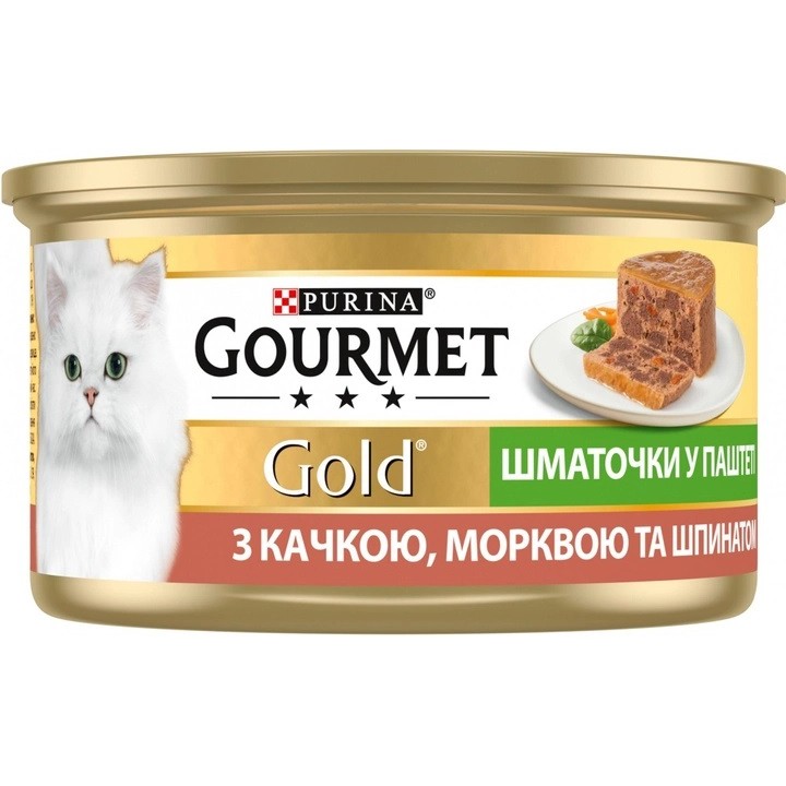 Консервований корм Gourmet Gold для котів з качкою, морквою та шпинатом, кусочки у паштеті 85 г (7613033728778)
