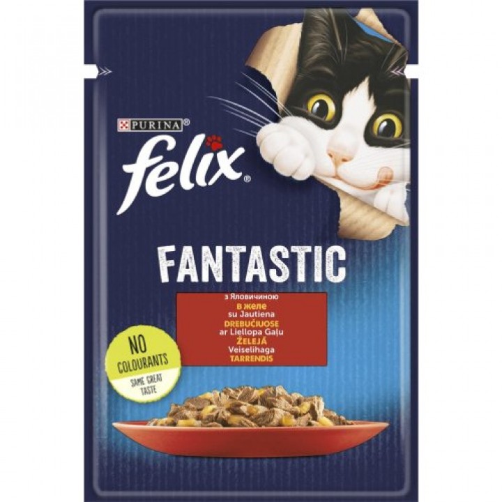 Влажный корм FELIX Fantastic для взрослых котов с говядиной. Кусочки в желе. 85г (7613039838624)