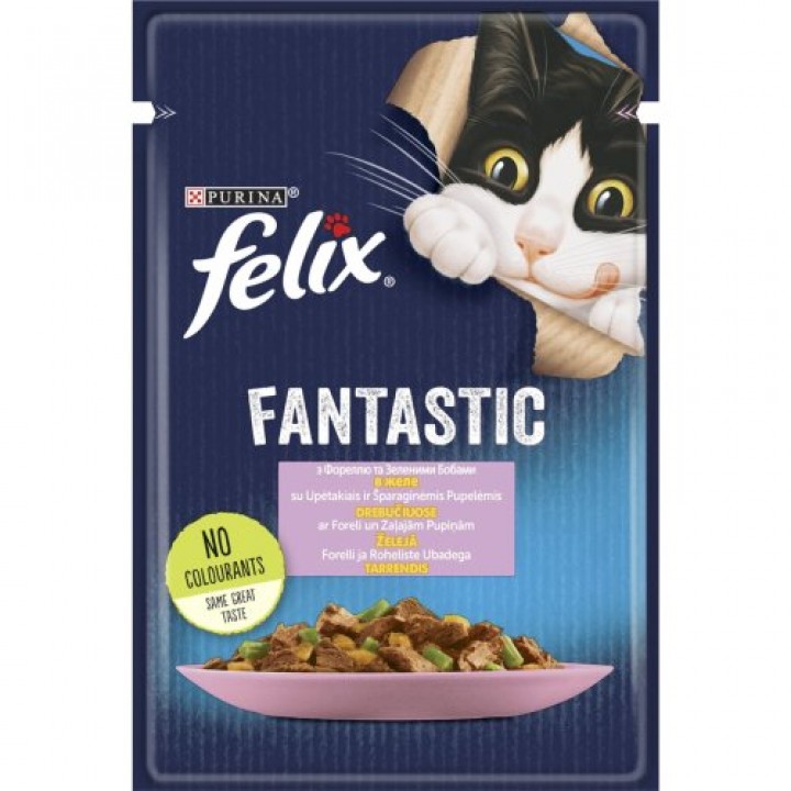 Вологий корм FELIX Fantastic для дорослих котів з фореллю. Шматочки у желе. 85г (7613039841617)