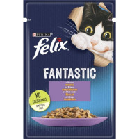 Вологий корм FELIX Fantastic для дорослих котів з ягням. Шматочки у желе. 85г (7613039838969)