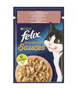 Вологий корм Felix Sensations Sauces для дорослих котів із лососем та зі смаком креветок у соусі 85г (7613039836026)