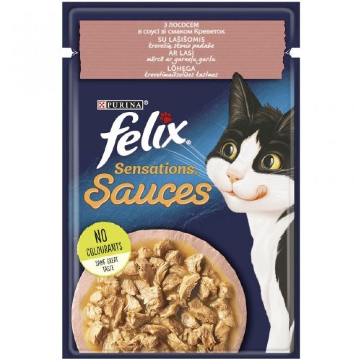 Влажный корм Felix Sensations Sauces для взрослых котов с лососем и со вкусом креветок в соусе 85г (7613039836026)