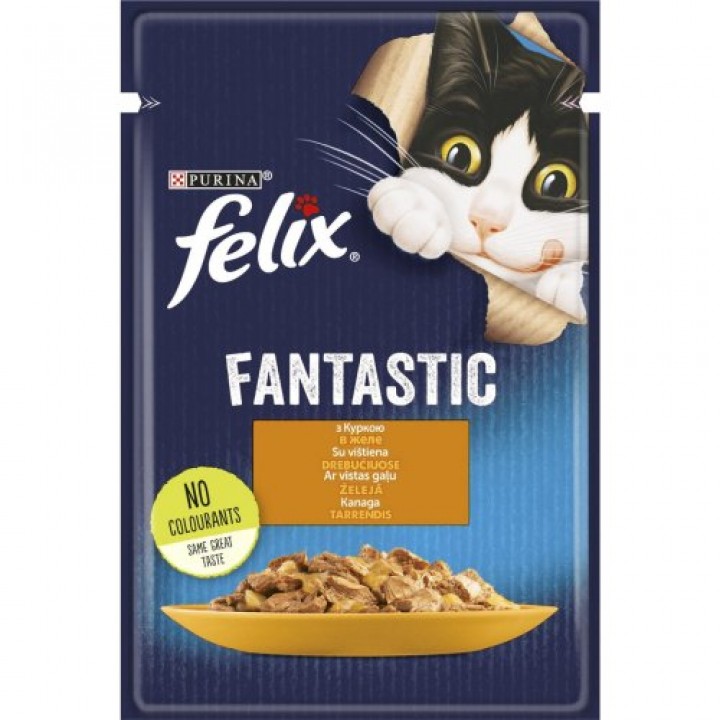 Вологий корм FELIX Fantastic для дорослих котів із куркою. Шматочки у желе. 85г (7613039788097)