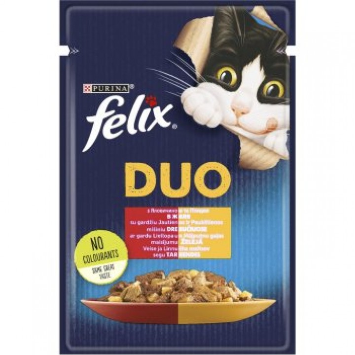 Влажный корм FELIX Fantastic Duo для взрослых котов с говядиной и птицей. Кусочки в желе. 85г (7613287027597)