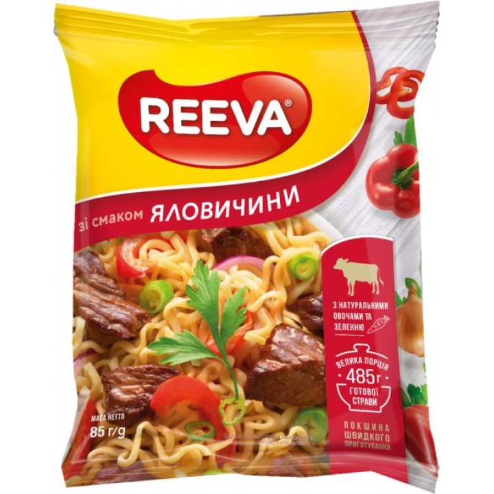 Лапша яичная быстрого приготовления Reeva со вкусом говядины 85 г (4820179257083)