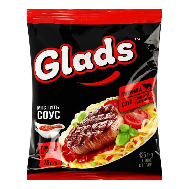 Лапша яичная быстрого приготовления Glads со вкусом говядины и соусом "Томатный с базиликом" 75 г (4820179258721)