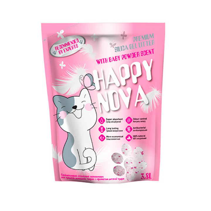 Наповнювач силікагелевий гігієнічний Happy Nova для туалетів домашніх тварин, з ароматом дитячої пудри, 3,8 л