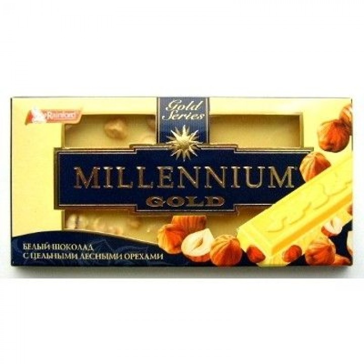 Шоколад білий Millennium Gold з цілісним горіхом, 100г (4820075505622)