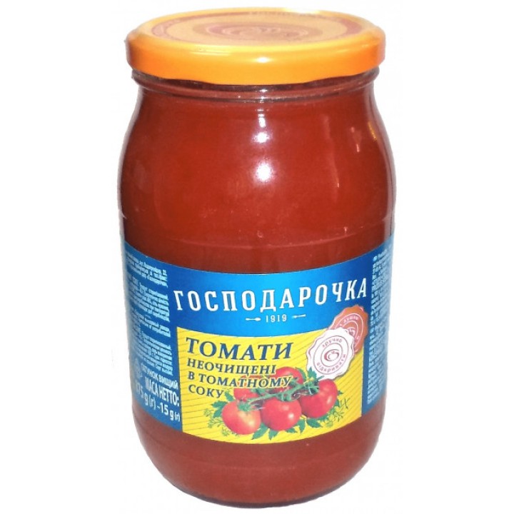 Томати неочищені в томатному соці  ТМ Господарочка 875 г (4820024794640)