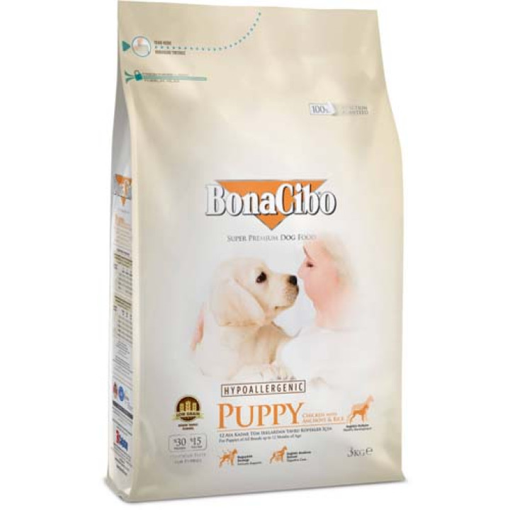 Сухой корм BonaCibo Puppy Chicken&Rice with Anchovy для щенков всех пород с курицей, рисом и анчоусами, 3 кг