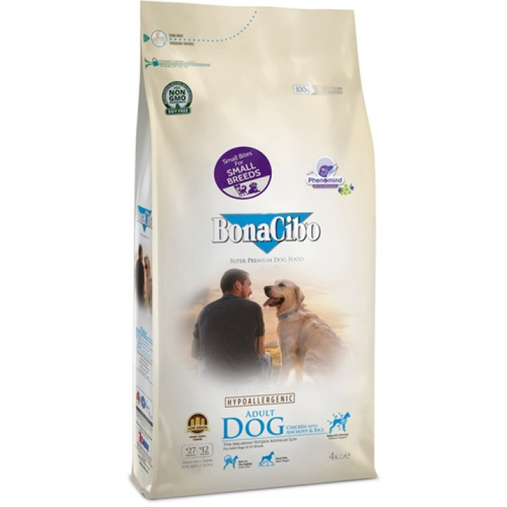 Сухий корм BonaCibo Adult Dog Small Breed Chicken&Rice with Anchovy для дорослих собак дрібних порід з куркою, рисом та анчоусами 4 кг