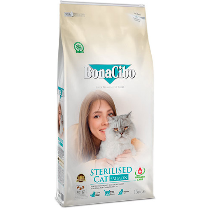 Сухий корм BonaCibo Adult Cat Sterilised Salmon з лососем для дорослих стерилізованих котів та котів із зайвою вагою 15 кг
