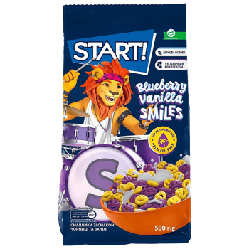 Сухий сніданок START! Смайлики зі смаком чорниці та ванілі 500г Сухий сніданок START! Смайлики зі смаком чорниці та ванілі 500г