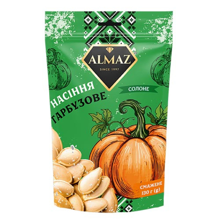 Насіння гарбузове смажене Almaz (ДОЙ-ПАК) солоне 130 г (4820284500715)