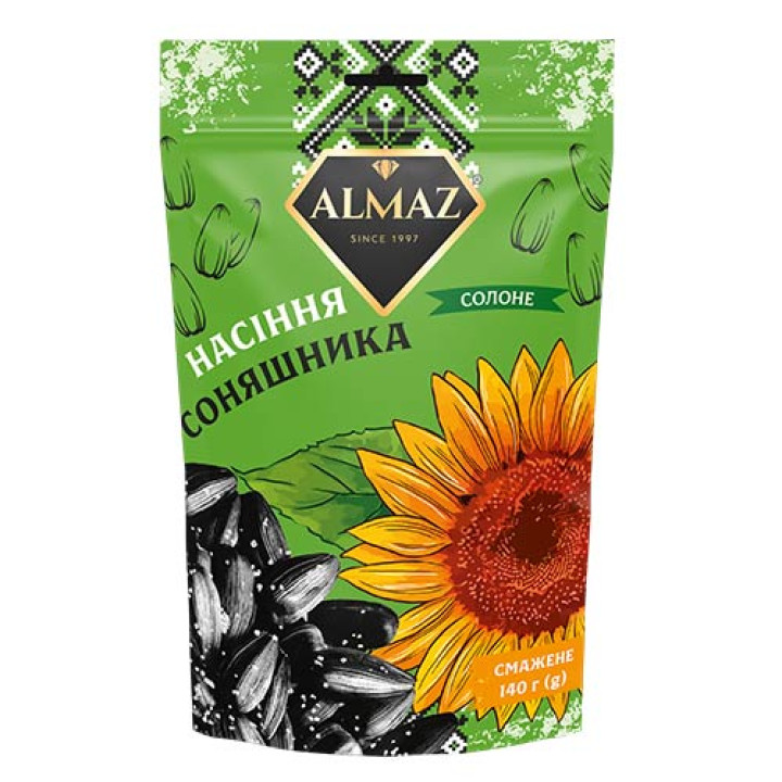 Семечки подсолнечника жареные Almaz (ДОЙ-ПАК) соленые 140 г (4820284500739)