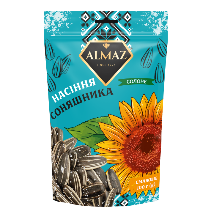 Семечки подсолнечника жареные полосатые Almaz (ДОЙ-ПАК) соленые 100 г (4820284500753)