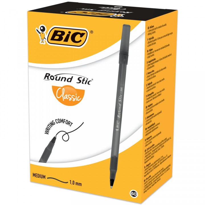 Ручки шариковые BIC Round Stic M черные 60 шт. (3086123269828)