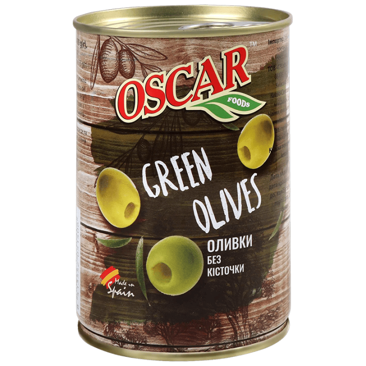 Оливки Oscar foods без кісточки, 400 г ж/б ключ