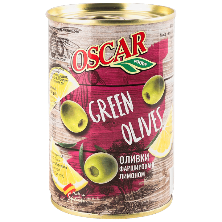 Оливки Oscar foods фаршировані лимоном, 300 г ж/б ключ