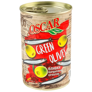 Оливки Oscar foods фаршировані анчоусом, 300 г ж/б ключ